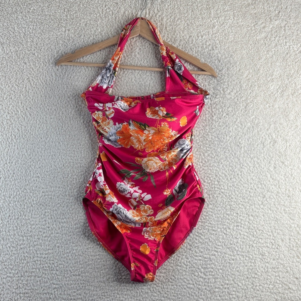 NWOT Rachel Roy Women Pink Orange Floral One Shoulder One Piece Swimsuit S SMALL